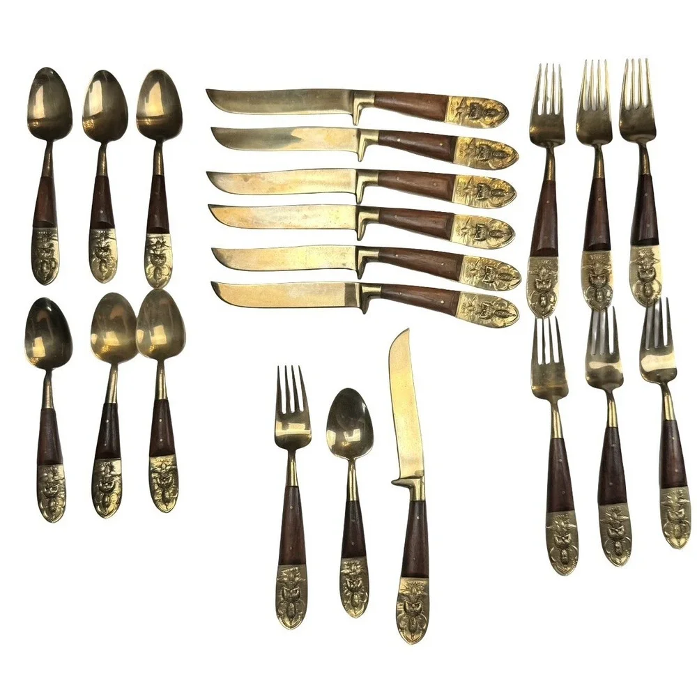Vintage Siam Thailand Brass Buddha Flatware Set Wood Handle MCM 21pc